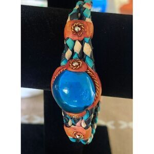 Vintage 90s Turquoise Blue Marble braided Leather Bracelet, Unmarked